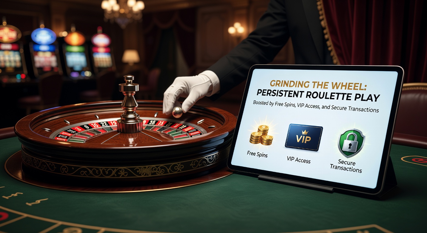 Ein Roulette-Rad im Drehen mit Chips und Freispiel-Symbolen drumherum, das die Ausdauerstrategie im Online-Casino visualisiert